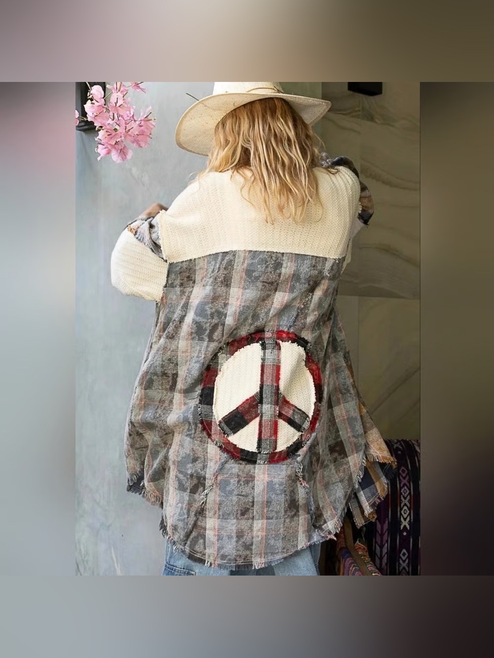 POL Shirt Womens Medium Oversized Boho Patchwork Lace Flannel Peace Sign Boho - Picture 9 of 9